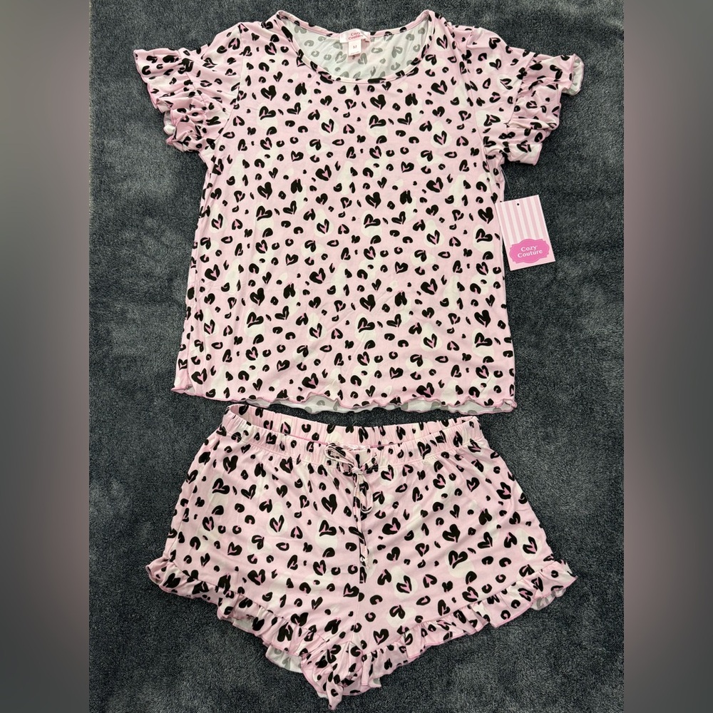 Nwt Womens Pink & Black Heart Print Pajama Set